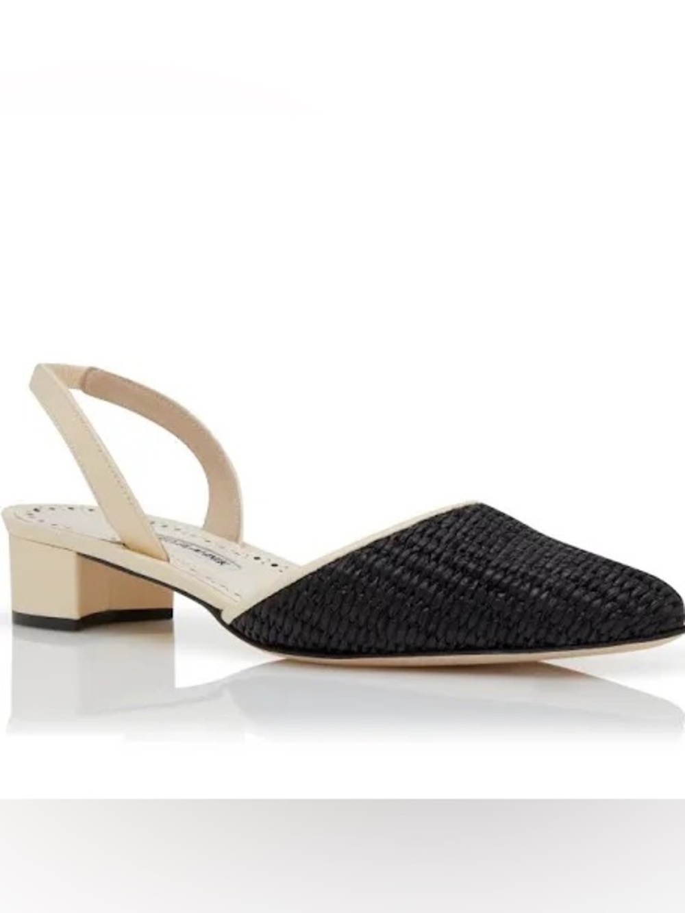 Manila Blahnik Raffro Black Cream Raffia Leather Slingback Low Heel Sz 38.5/7.5